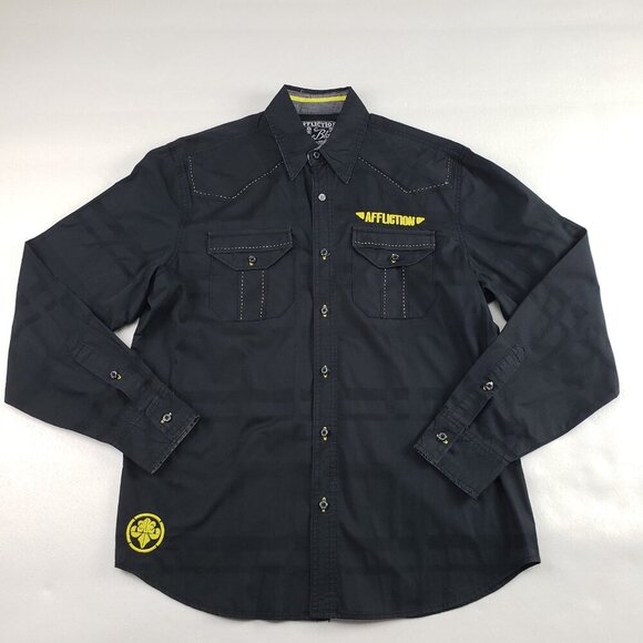 Affliction Button Front Embroidered Shirt Mens Large Black Long Sleeve Casual - Picture 3 of 15